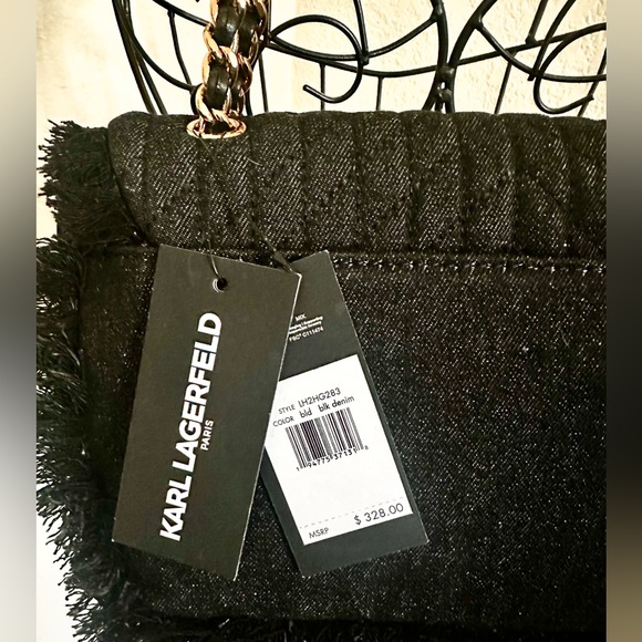 NWT Elegant Karl Lagerfeld Paris Agyness Black Denim Pearl-Embellished Bag - Picture 5 of 13